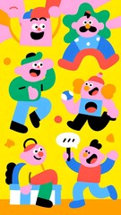Obraz premium A colorful illustration featuring playful cartoon characters with distinct personalities. The bright yellow background enhances the cheerful mood of the image, perfect for designs.