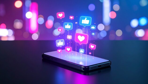 Smartphone with glowing social media icons - Powered by Adobe