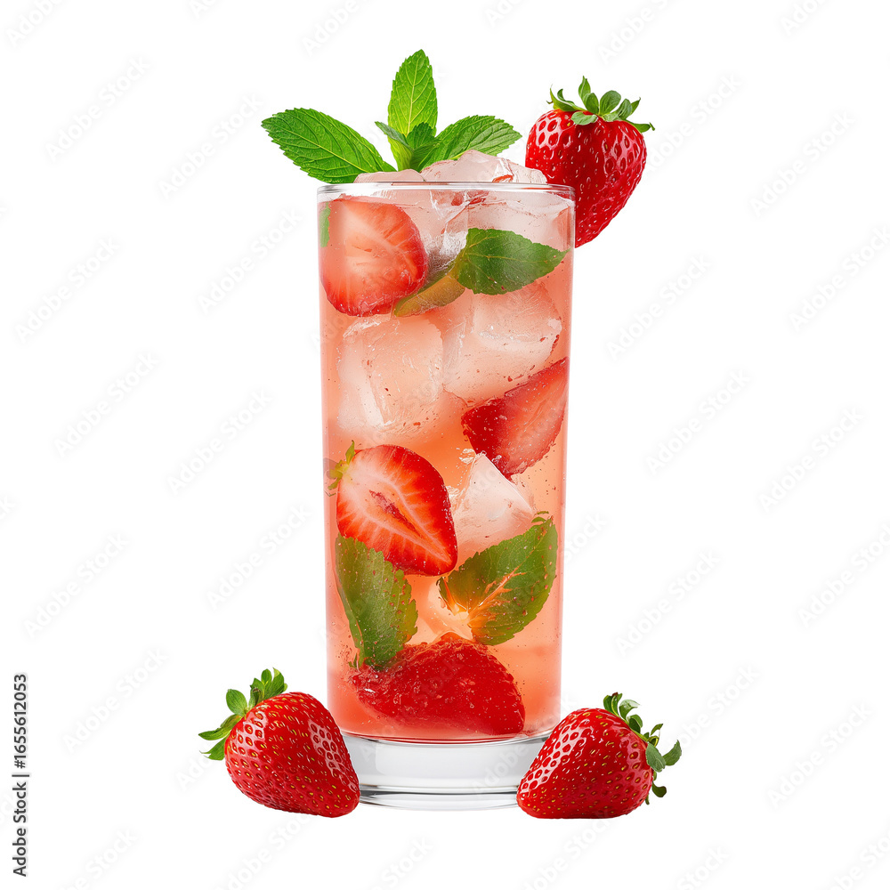 Poster Refreshing strawberry and mint cocktail composition on a minimal isolated setting suitable for