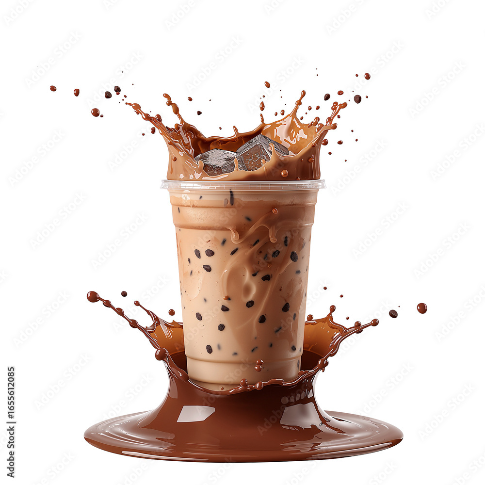 Poster iced chocolate beverage with dynamic splash isolated on a seamless transparent layer perfection