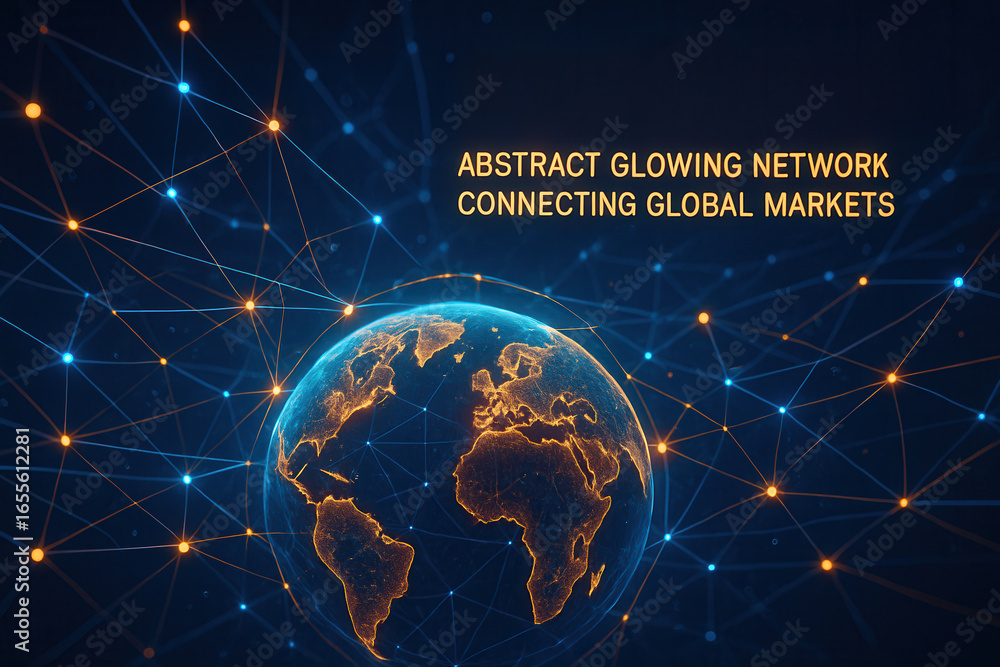 Poster abstract glowing network connecting global markets with illuminated earth and digital points in dark