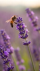 Bee Landing on Lavender with Soft Focus Floral Field Background