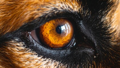 Close-up of a dog's amber eye, showing intricate details of fur and iris