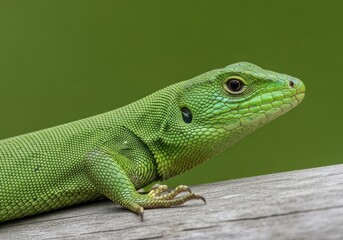 Fototapeta premium Green Iguana Lizard Resting on Wooden Surface in Natural Environment