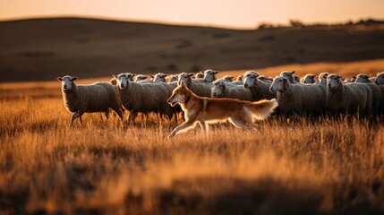 Herd of Sheep with Shepherd Dog
