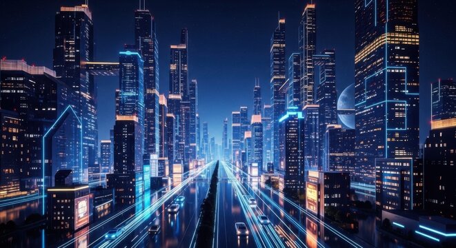 Futuristic Cityscape at Night Brightly Lit Skyscrapers with Neon Lights and Digital Effects