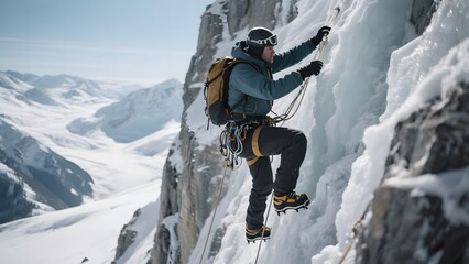A climber ascends a steep, icy mountain face using ropes and ice axes.