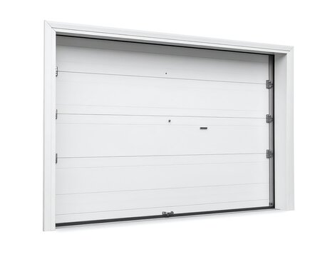 White sectional overhead garage door, closed position, isolated on white