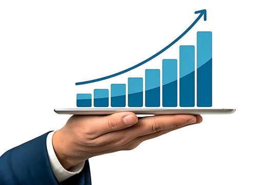 Businessman holding tablet displaying upward trend growth chart signifying financial success and positive business performance transparent background