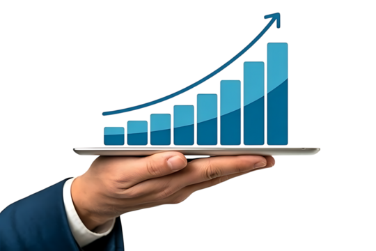 Businessman holding tablet displaying upward trend growth chart signifying financial success and positive business performance transparent background
