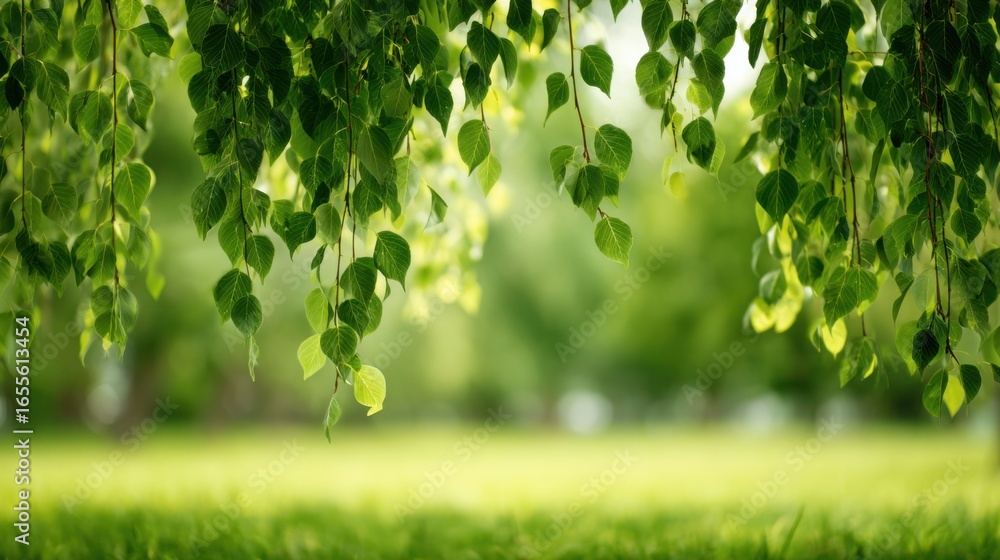 Aufkleber bright green leaves cascade from tree branches, capturing sunlight and creating soft shadows on the 