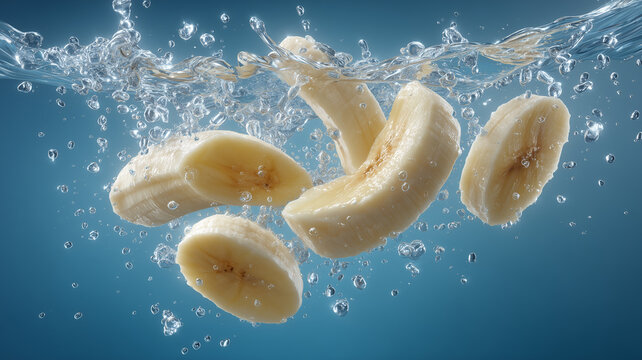 Sliced bananas falling in water splash