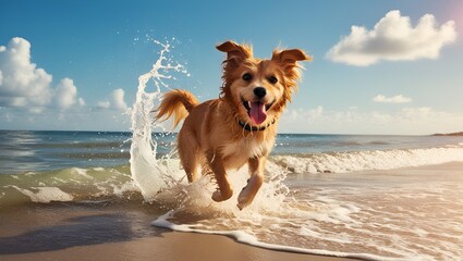 Energetic dog sprinting across the shoreline, splashing through shallow waves with water droplets flying in the sunlight.