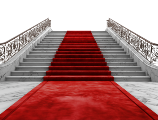 Red carpet on the stairs, front view, white background, illustration style. High resolution, high quality, no text or letters in the picture.