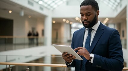 A focused african american businessman in a dark blue suit and tie, intently using a tablet computer in a modern office building interior - Powered by Adobe