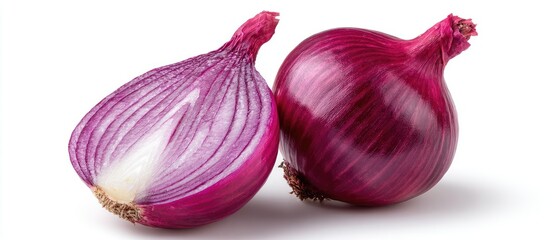 Two vibrant purple onions, one whole and one halved, displayed against a white background.  The halved onion reveals its layered interior