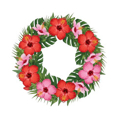 Obraz premium Tropical hibiscus flower wreath isolated on transparent background