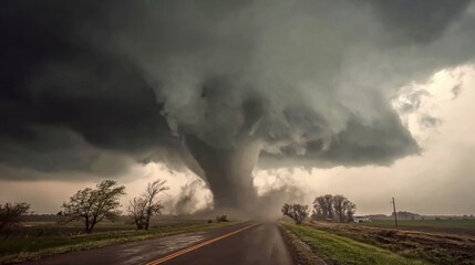 Dark storm clouds swirl ominously as a tornado touches down in an open field near a rural road. Trees bend under strong winds, capturing a moment of nature's fury.