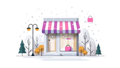 Winter storefront scene. Pink and white shop with snow