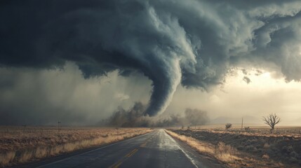 A powerful tornado descends from dark storm clouds, creating a striking funnel over an empty road. The landscape is dry with sparse trees, and the sky is ominous with swirling clouds.