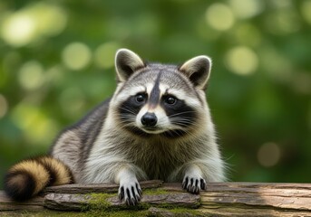 Obraz premium Raccoon Resting on Wooden Log in Green Forest Background