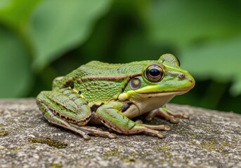 Fototapeta premium Green Tree Frog Sitting on Rock in Natural Environment