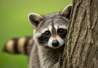 Fototapeta premium Cute Raccoon Peeking From Behind Tree in Natural Forest Setting