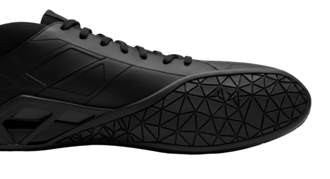 Closeup of a sleek modern black athletic shoe on white background.