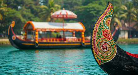 Colorful Chundan Vallam snake boat for the Onam festival boat race in Alleppey, India