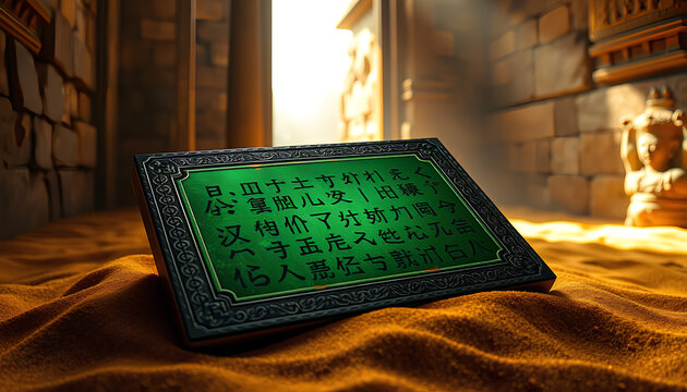 Sacred emerald tablet inscribed with forgotten symbols, resting on golden sands inside a hidden temple, with ancient light filtering in