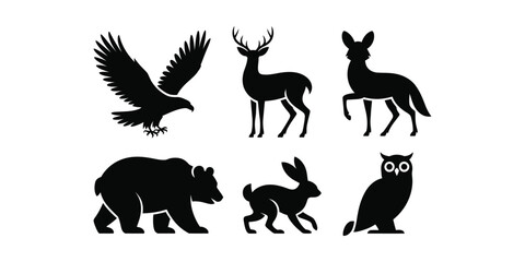 Collection of black wildlife animal silhouettes on white background