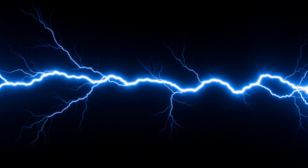 Bright blue lightning strikes across a dark sky, illuminating the night with a powerful electrical discharge, symbolizing energy and nature's fury.