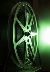 Obraz premium Film Reel with Green Light in Dark Background for Movie Industry
