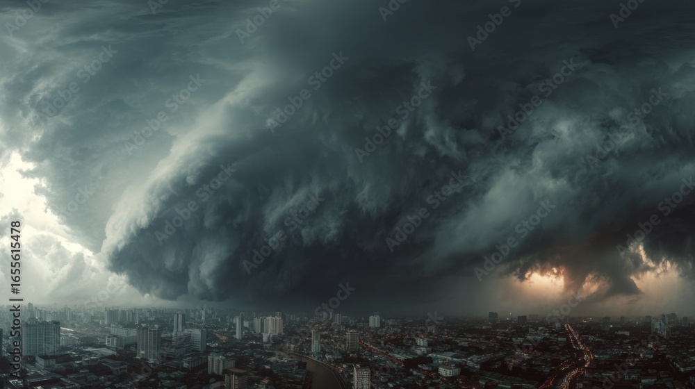 Poster dark storm clouds gather ominously above a vibrant urban skyline, creating a striking contrast again