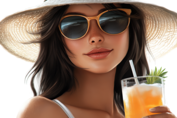 Woman in hat smiling with sunglasses and drink
