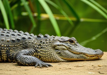 Fototapeta premium Crocodile Resting on Sandy Shore with Green Vegetation in Background