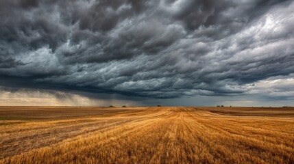 Fototapeta premium Dark storm clouds gather ominously above a vast golden wheat field under a brooding sky. Rain threatens the dry land, creating a tense atmosphere in the countryside.
