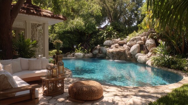 Lujosos muebles de patio junto a la piscina en un jard&iacute;n tropical.