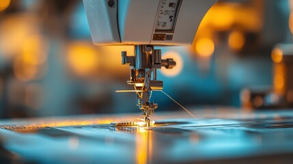Close up of a modern sewing machine, showcasing precision and detail