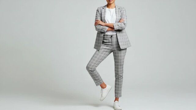 Confident woman in a grey plaid pantsuit, white shirt, and sneakers, standing with arms crossed, isolated on white background