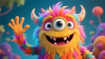 Colorful, fluffy creature with big eyes and horns waving in a vibrant background