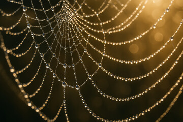 Naklejka premium Intricate Web of a Spider Glimmering with Morning Dew Against a Soft Golden Background in Nature's Stunning Display of Beauty