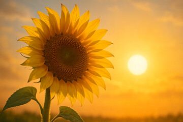 Obraz premium Beautiful sunflower against a vibrant sunset sky illuminating natural details of petals and seeds in warm light for agricultural and floral themes