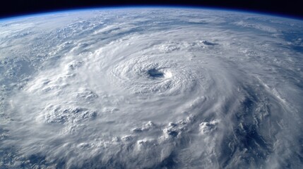 A massive hurricane rotates above the ocean, showcasing intricate cloud patterns and a defined eye. This view from space highlights the storm's immense scale and power.