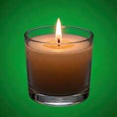 Lit Candle in Glass Holder with Warm Flickering Flame on Green Background