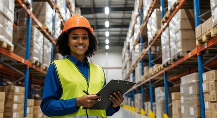 Happy female warehouse worker with a clipboard