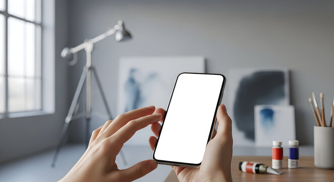 Modern artist using smartphone mockup blank screen for app design presentation in art studio creative workspace