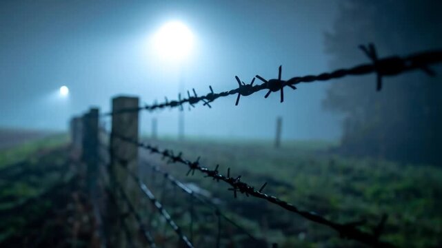 Barbed wire fence silhouetted against a foggy with eerie night landscape.