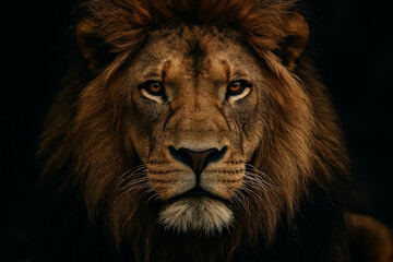 Fototapeta premium Intense Close-Up Portrait of a Majestic Lion with Striking Features Set Against a Dark Background Evoking Power and Grace in Nature Photography