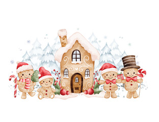 Watercolor Illustration Gingerbread Family and House in Winter Wonderland Scene